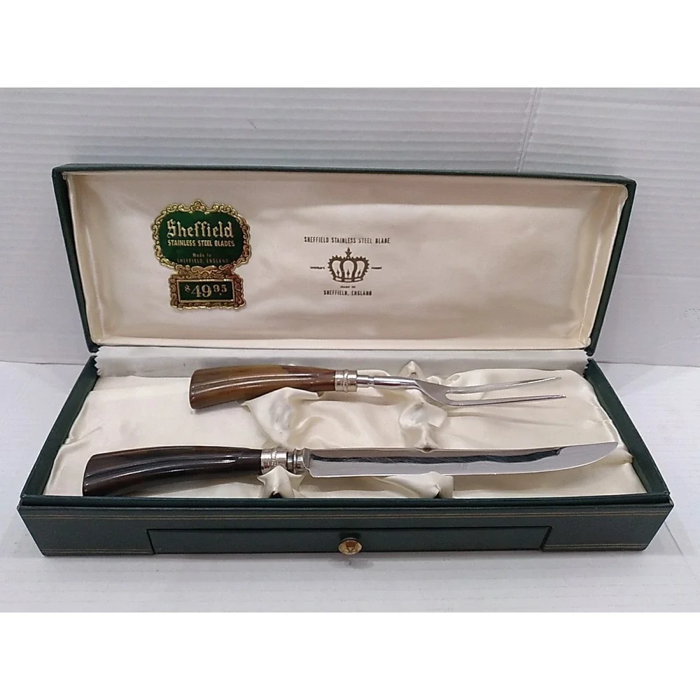 Vtg Sheffield 8 Piece Stainless Steel Carving Knife, Fork, Steak Knives W/ Case